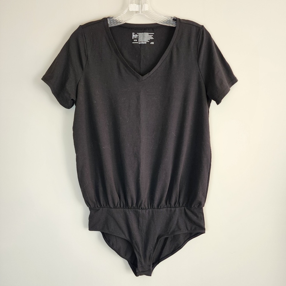 Felina‎ Bodysuit Womens Small Black Relaxed Fit V Neck Short Sleeve Stretch Tee